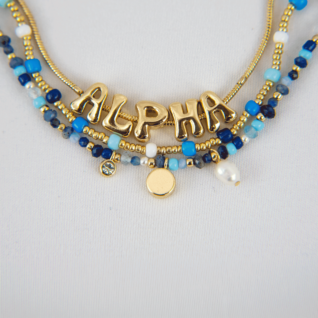 Semi-Precious Pull-Tied Tiered Bracelet + Alpha Name